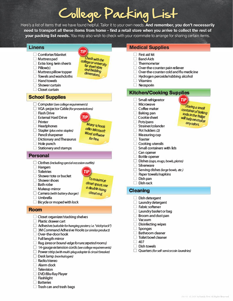 college packing list