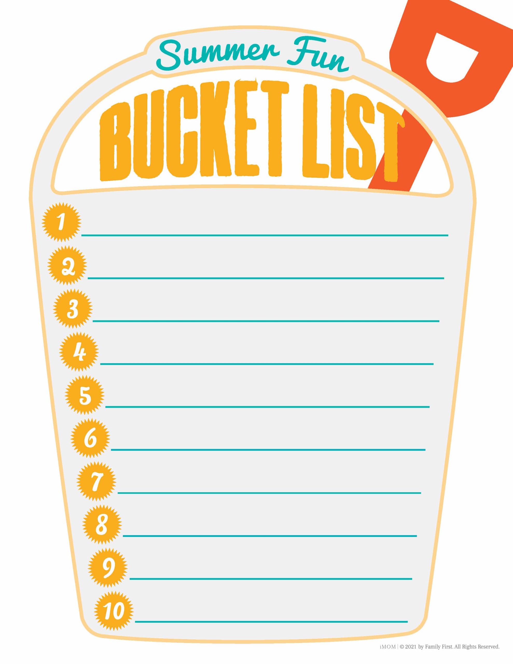 Printable Summer Bucket List Template