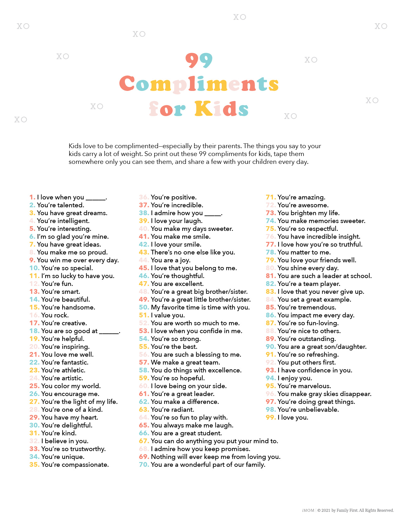 99 Compliments for Kids Printable photo