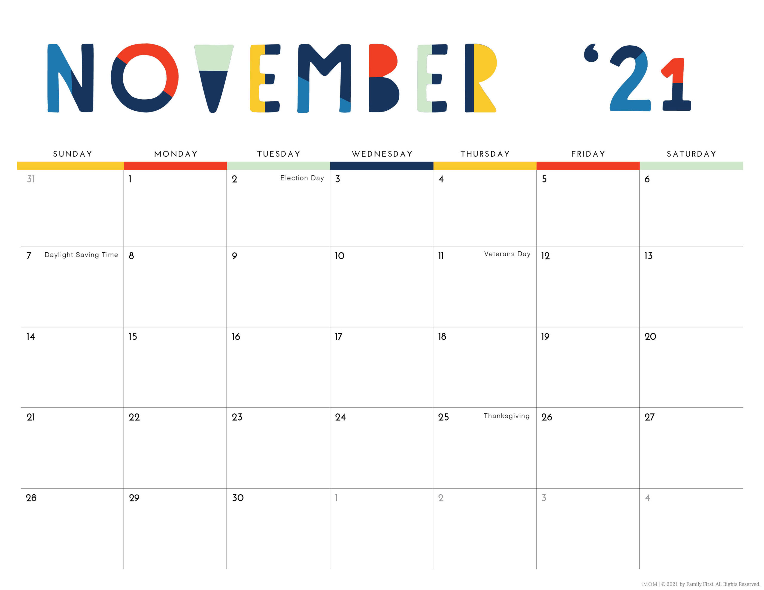 2021 and 2022 Colorful Printable Calendar for Moms iMOM