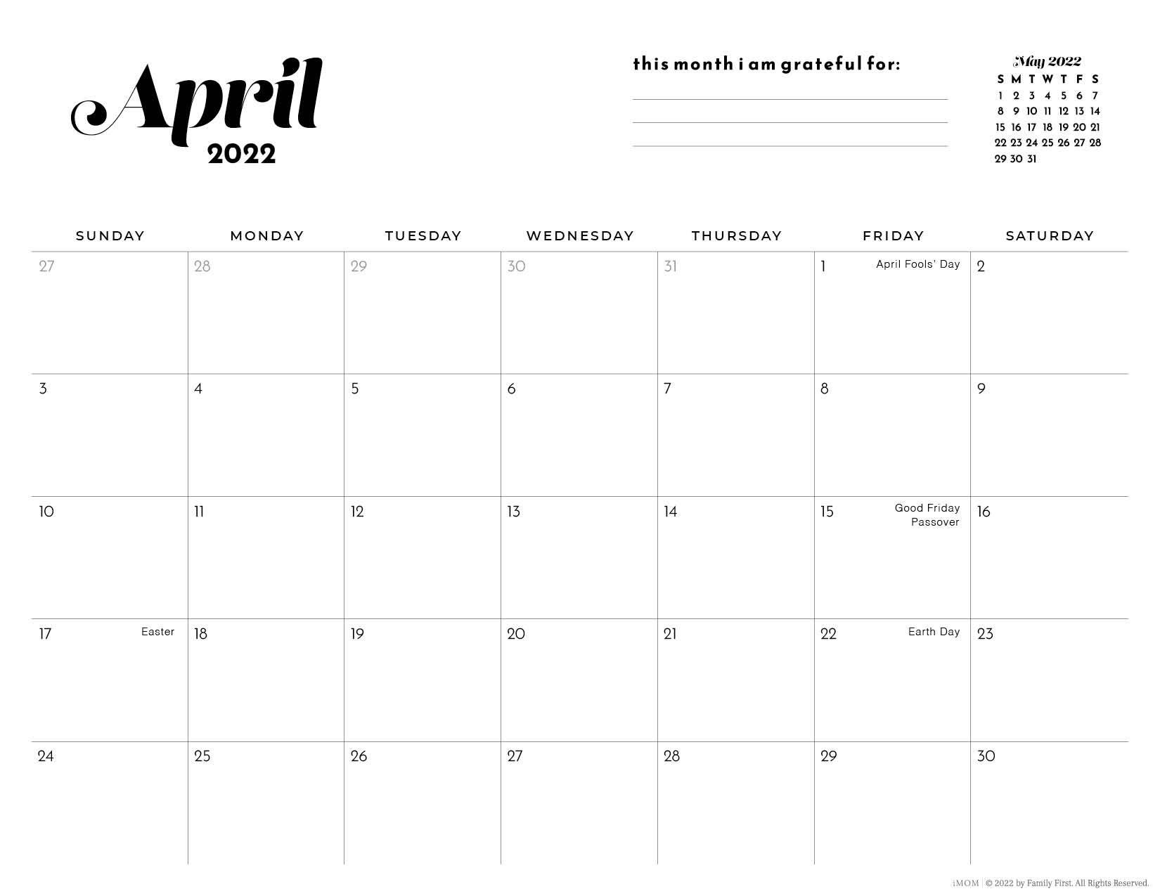 2022 simple printable calendar for moms imom