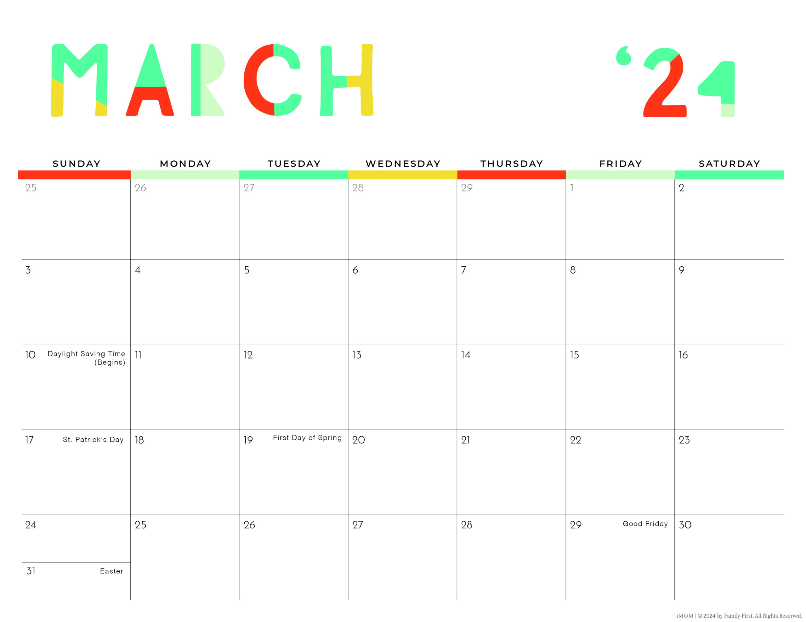 2024 Colorful Printable Calendar for Moms iMOM
