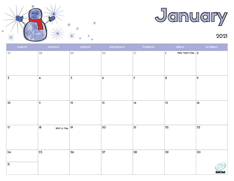 printable calendar for kids January 2021