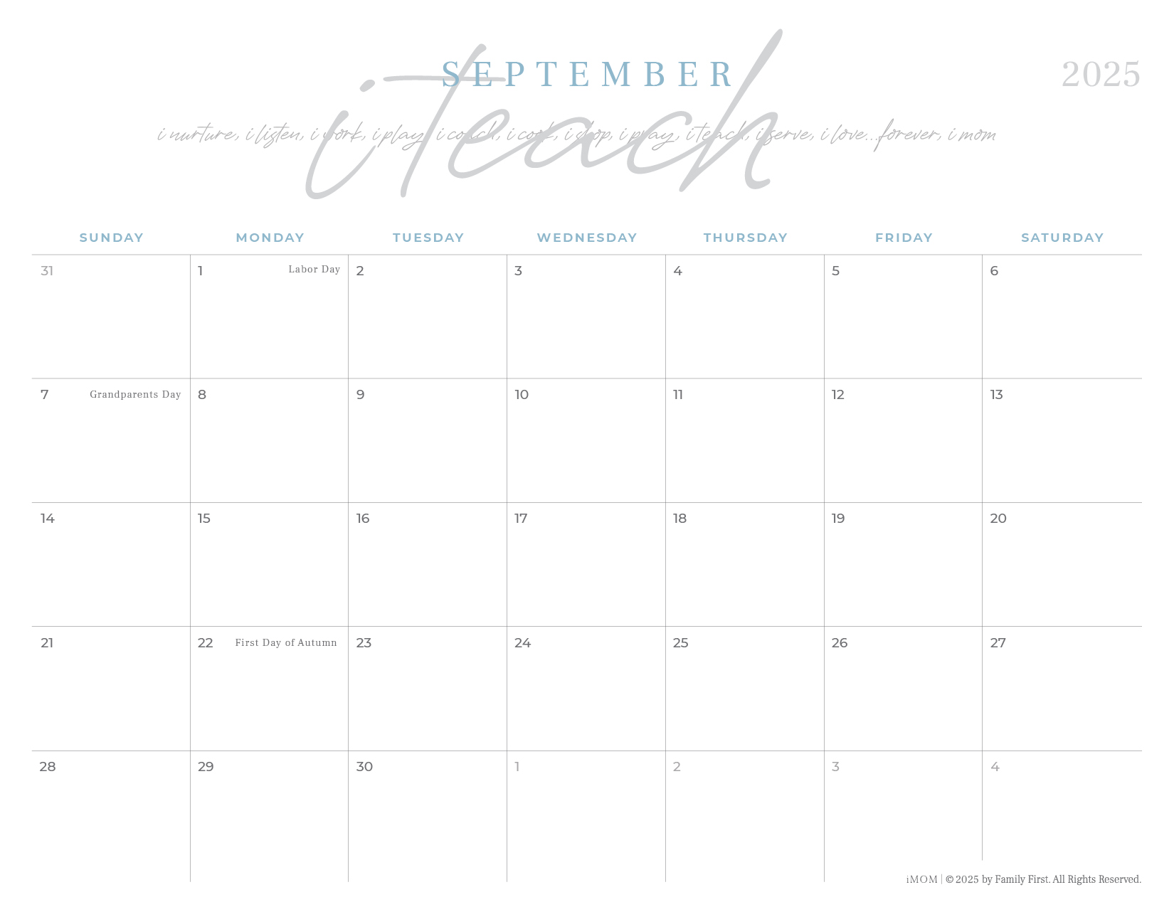 2025 Mom Is a Verb Printable Signature iMOM Calendar iMOM