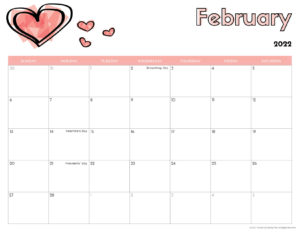 2022 February printable calendar for kids