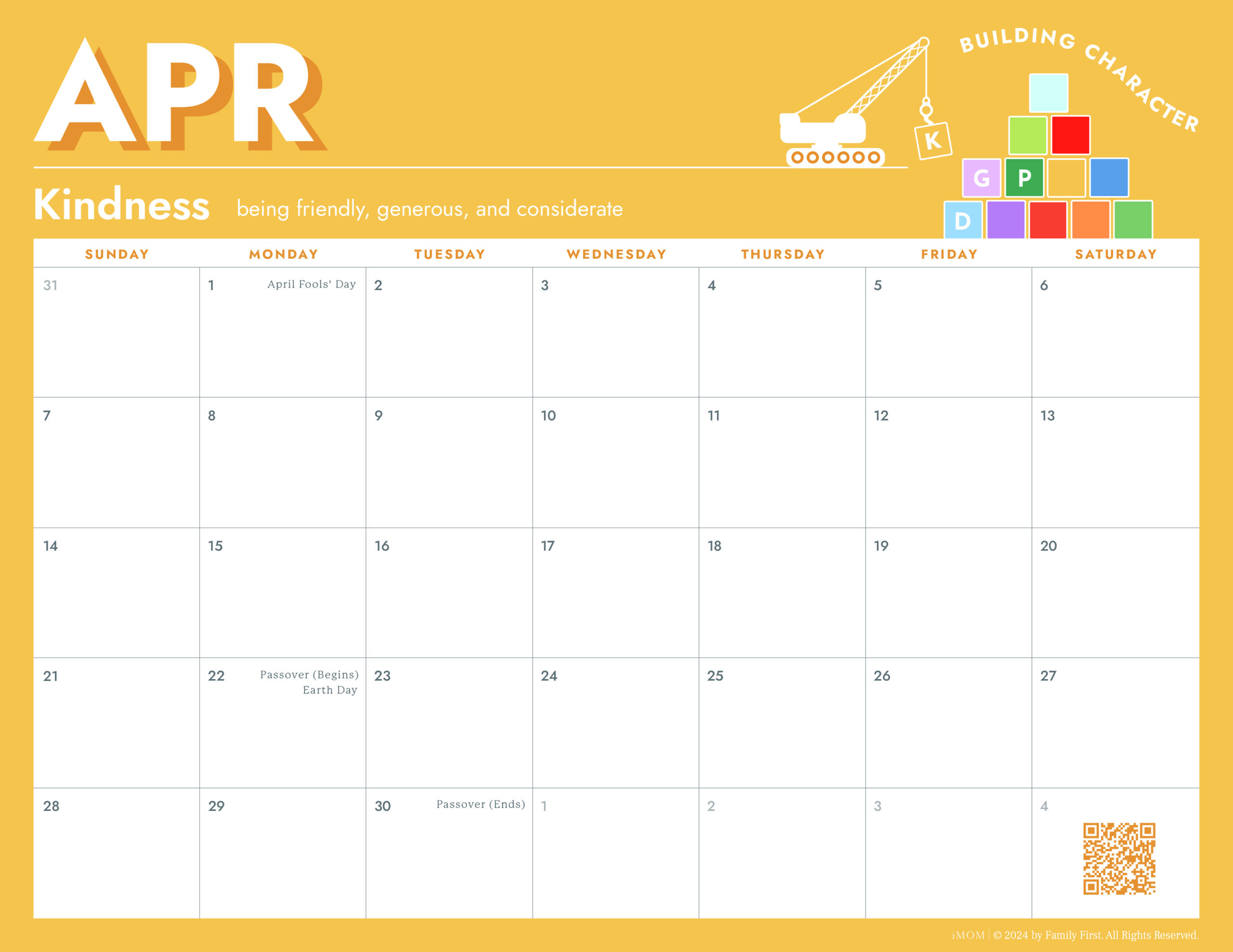 2024 Good Character Traits for Kids Printable Calendar - iMOM